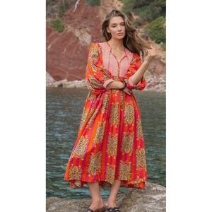 House of Sundar Tara Midi Dress S Puff Sleeve Mixed Print Tiger Popover NEW!